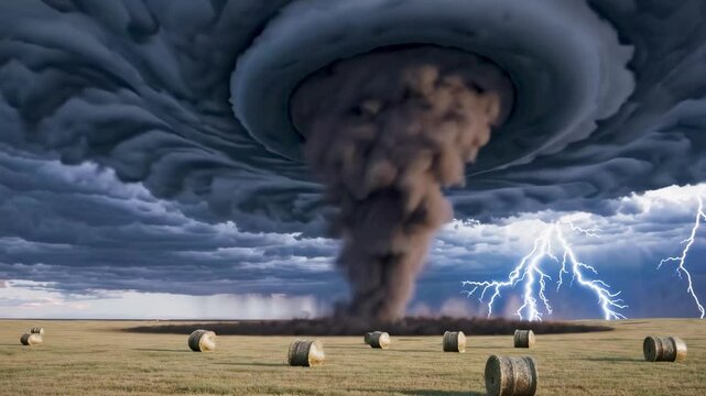 Huge tornado with dark swirling clouds and scattered lightning evokes natural fear awe power chaos uncontrollable force danger warning dramatic atmosphere