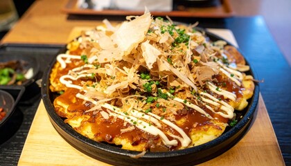 Fototapeta premium okonomiyaki, japanese osaka seafood pancake with dried bonito 