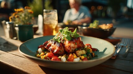 Colorful grilled dish served at outdoor restaurant during evening dining experience with friends