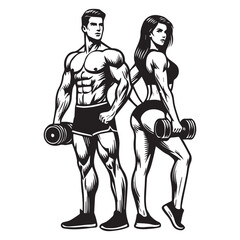 Female and male Lifting Weights clipart, funny Gym silhouette, exercise work out illustration, bodybuilder design sublimation
