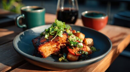 Delicious grilled salmon served on a wooden table with vibrant vegetables and coffee at a sunny outdoor cafe