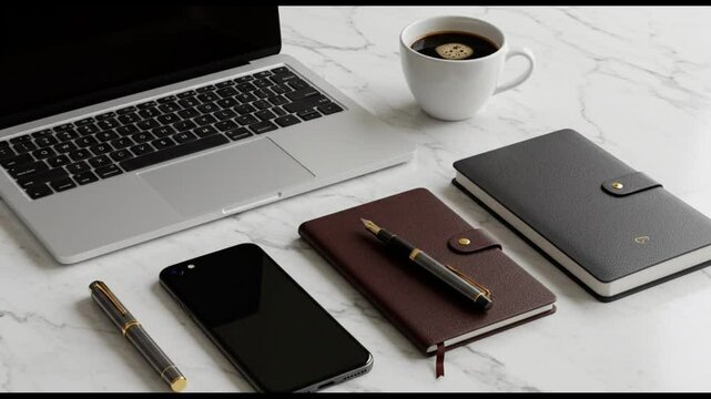 Digital Office Desk: A modern office desk layout with a laptop, a mobile phone, a coffee cup, and three journals, offering a blend of technology and traditional tools.