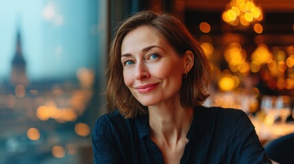 Woman with short hair smiles warmly at a restaurant with city lights in the background during evening time