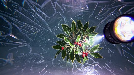 Holly branch illuminated by flashlight on frosted glass conveys hope resilience survival adaptation greenery against harsh winter challenge motivation