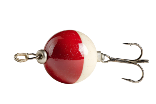 Vintage red white fishing bobber floating, highlighting classic angling gear against transparent background