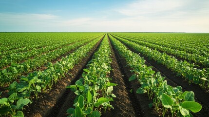 Rows of green soybeans grow in an expansive field under a clear blue sky during the early morning hours in rural farmland
