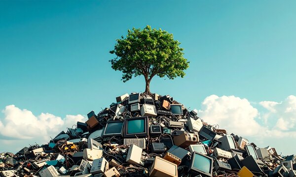 E-waste recycling circuit gadgets recovery concept. A tree grows atop a mound of discarded electronics under a clear sky.