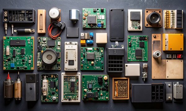 E-waste recycling circuit gadgets recovery concept. Collection of electronic circuit boards and components arranged neatly.