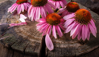 pink echinacea flowers bloom vibrantly among weathered wooden stumps creating striking contrast natural arrangement evokes sense of tranquility and beauty