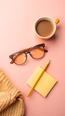 Cozy Workspace Concept With Coffee Eyeglasses Pencil And Sweater On A Soft Pink Background Perfect Lor Lifestyle