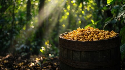 Beautifully harvested cocoa beans in a tropical forest basking in sunlight