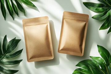Natural packaging surrounded by green leaves in a bright setting