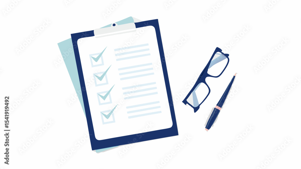 Poster checklist clipboard with check marks reading glasses and pen project management task completion surv