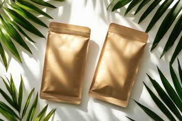 Stylish gold packaging of products resting on a white surface surrounded by tropical palm leaves during daylight