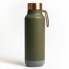 Olive green water bottle with copper lid isolated on white background