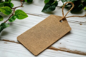 Crafting a natural aesthetic with a burlap tag resting alongside greenery on a rustic wooden surface
