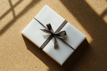 Wrapped gift on brown surface casts shadows in sunlight highlighting details of the ribbon and wrapping