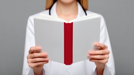 Doctor holding an open blank book with red binding in a clinical setting focusing on education and knowledge sharing