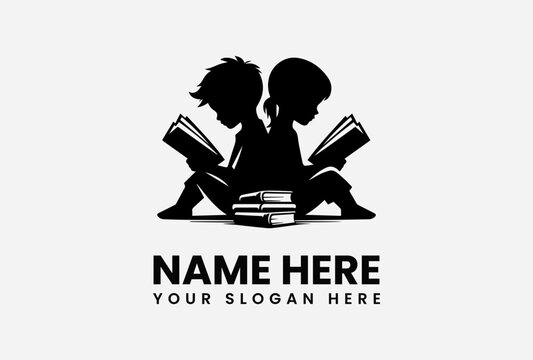 Silhouette of two children engrossed in reading books, with a stack.