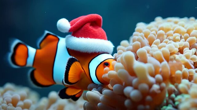 Clownfish Wearing Santa Hat in Coral Reef with ai generated.