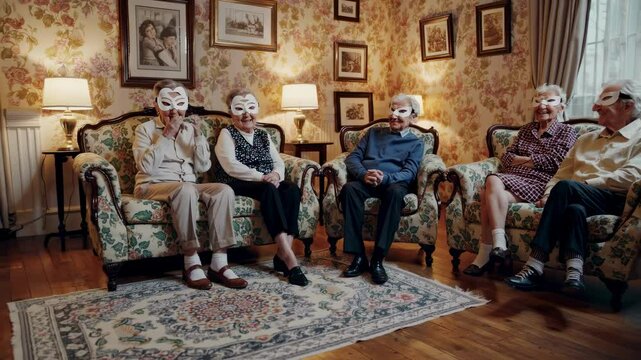 Elderly family resting on sofa in vintage interior suggests memories tradition history shared time generational connection roots emotion comfort warmth