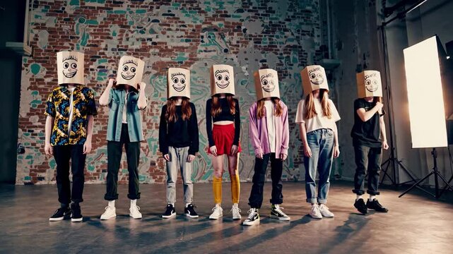 Group of people wearing paper bag masks stand together expressing hidden identity conformity group pressure individuality anonymity insecurity judgment