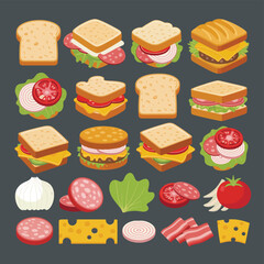 Variety of delicious sandwiches and ingredients