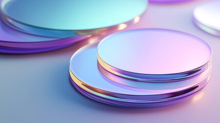 Futuristic stack of glossy metallic discs with iridescent reflections in purple, blue, and gold. Ideal for tech branding, abstract visuals, or modern product presentations.