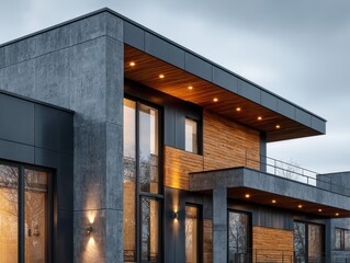 Modern architectural design of a stylish home featuring wood and concrete elements in a serene urban landscape under a cloudy sky