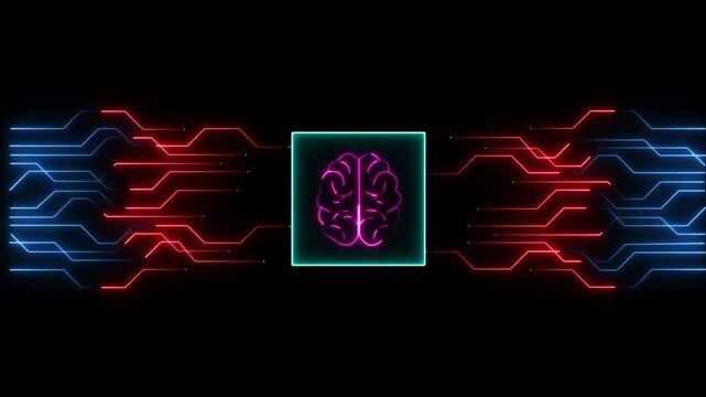 Concept of artificial intelligence, circuit elements, Motion graphic of Blue digital brain logo and futuristic HUD technology circuit board with ai icon and data transfer on abstract background. 4k