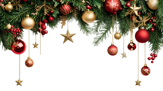 Festive Christmas garland with red gold ornaments and stars