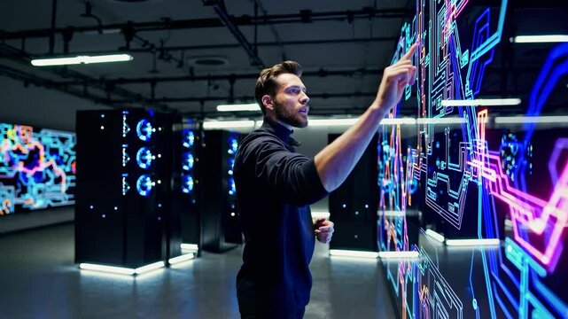 Expert points at purple circuit network exploring technology management digital growth analysis connectivity progress modern solutions data research - Powered by Adobe