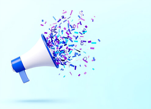 3D megaphone with colorful confetti and data symbols explosion on blue background symbolizing digital communication and announcement
