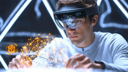 Scientist wearing AR glasses manipulating virtual network, interacting with complex interconnected digital nodes and holographic data visualization