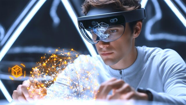 Scientist wearing AR glasses manipulating virtual network, interacting with complex interconnected digital nodes and holographic data visualization - Powered by Adobe