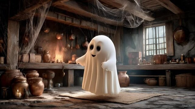 Friendly ghost in old kitchen illustration