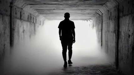 Dramatic black and white shot of a man's silhouette slowly walking through a foggy concrete tunnel - Powered by Adobe