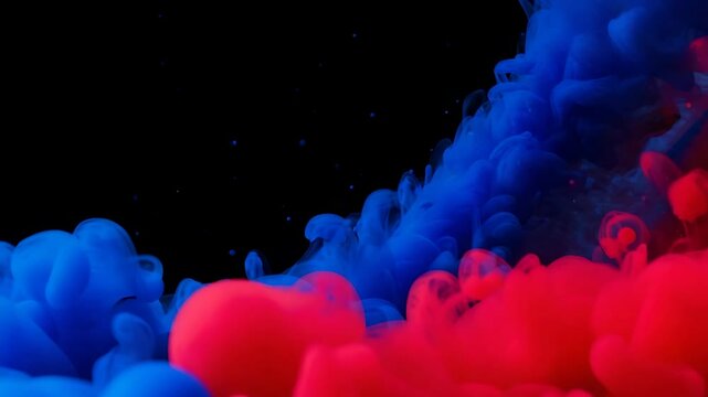 Vibrant fluid dynamic simulation featuring red and blue ink streams intertwining