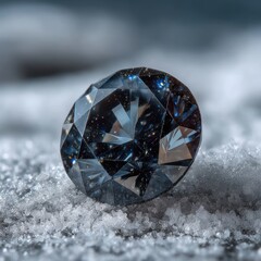 Sparkling black diamond resting on a bed of sparkling white crystal dust under soft light