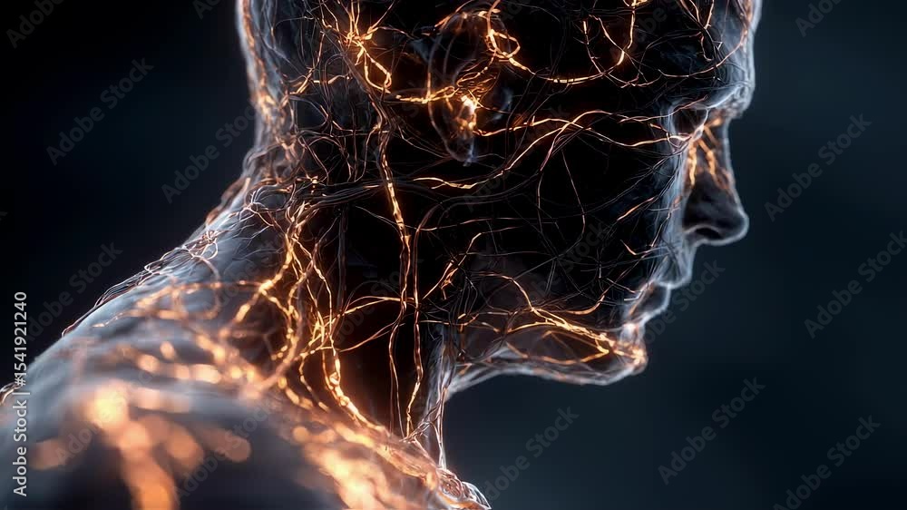 Poster luminous neural connections pulsing across human head profile, revealing intricate neurological netw