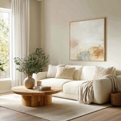 Cozy living room with neutral tones and modern decor featuring a comfortable sofa and a wooden coffee table