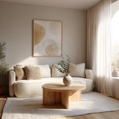 Modern living room with natural light and minimalist decor featuring a cozy sofa and wood elements