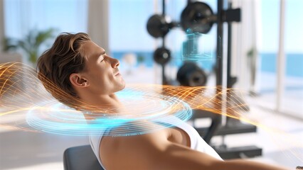 Young athlete resting on fitness equipment, modern gym setting featuring augmented reality interface displaying real time biometric tracking and performance analytics