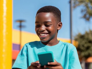 Young boy enjoys playing on smartphone during sunny day in park