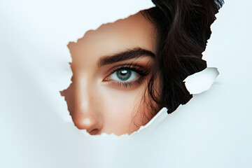 Face and Eye spy peeking through hole in cardboard white paper. Detective or spying concept. Looking through torn paper hole. Peeking from behind the torn hole cardboard paper.