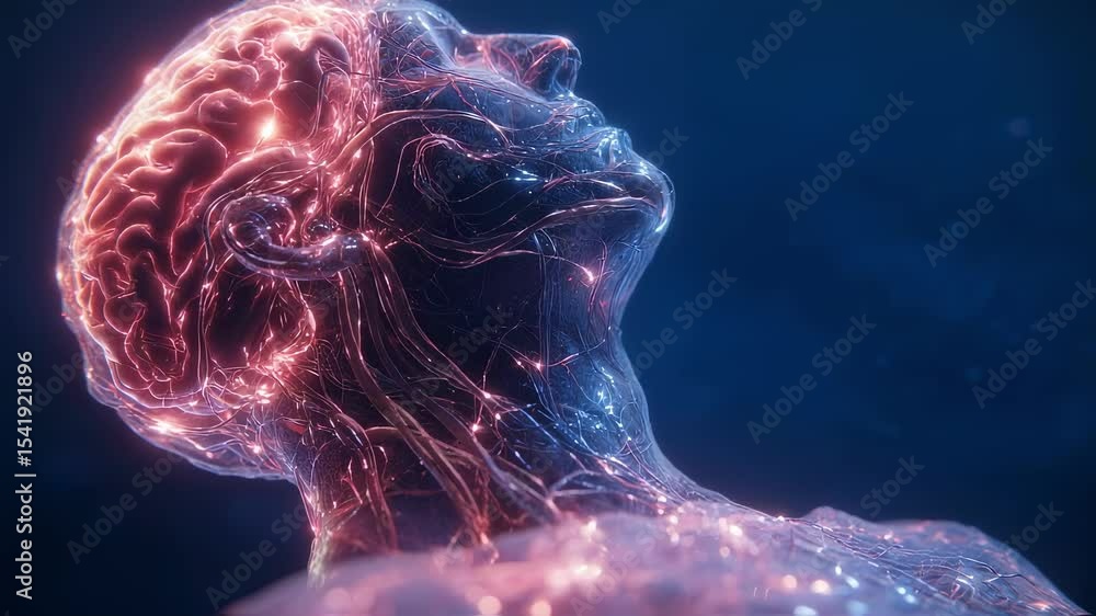 Poster medical visualization shows glowing brain activity of a patient lying supine during deep meditation,