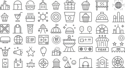 Diverse Set of Line Icons Representing Food, Technology, Travel, and More