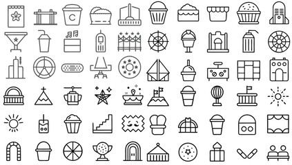 Diverse Icon Set with Various Food, Drinks, Buildings, and Landmarks