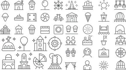 Comprehensive Icon Set of Amusement Park, Food, and Entertainment Elements