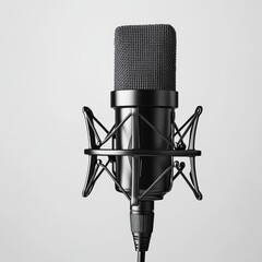 Black studio microphone with shock mount isolated on white background